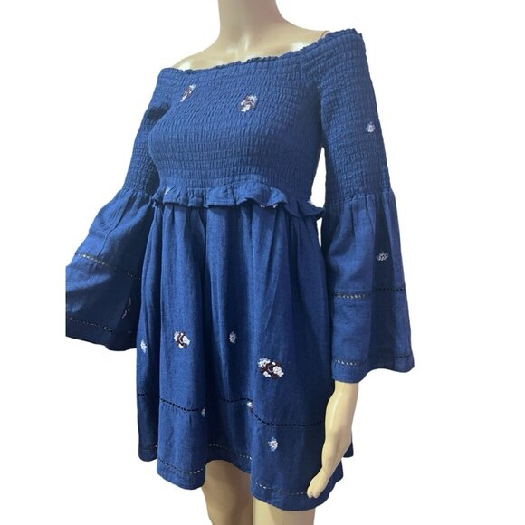 NWT Free People Counting Daisies Navy Blue Smocked Embroidered Mini Dress Small - Picture 12 of 12
